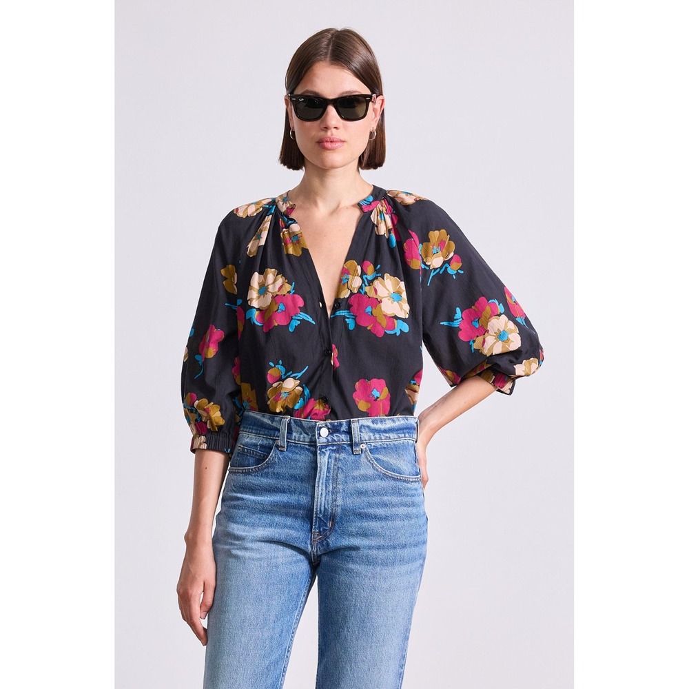 Apiece Apart NWT Anfa Shirred Top Floating Floral Organic Cotton Blouse Black L